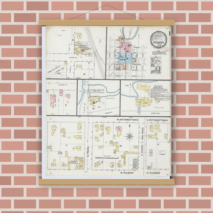 Old map wall art mockup — magnetic wood frame on brick wall — Sanborn Fire Insurance Map from Tecumseh, Lenawee County, Michigan (1888), Sheet #0001