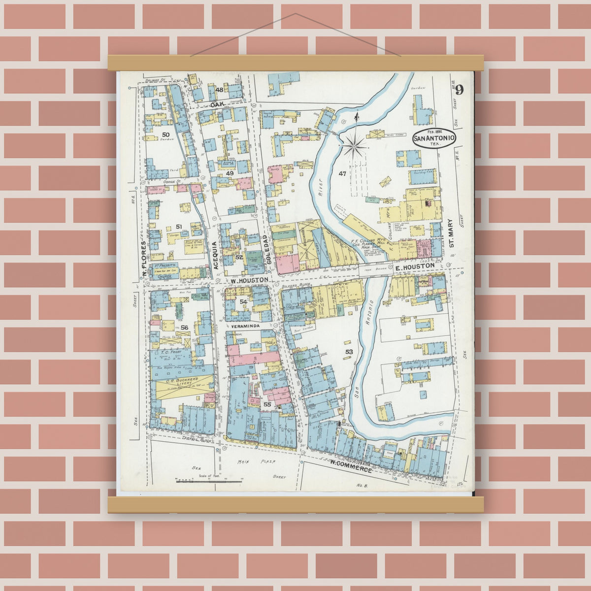 Old map wall art mockup — magnetic wood frame on brick wall — Sanborn Fire Insurance Map from San Antonio, Bexar County, Texas (1892), Sheet #0009
