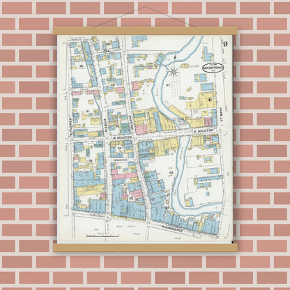 Old map wall art mockup — magnetic wood frame on brick wall — Sanborn Fire Insurance Map from San Antonio, Bexar County, Texas (1892), Sheet #0009