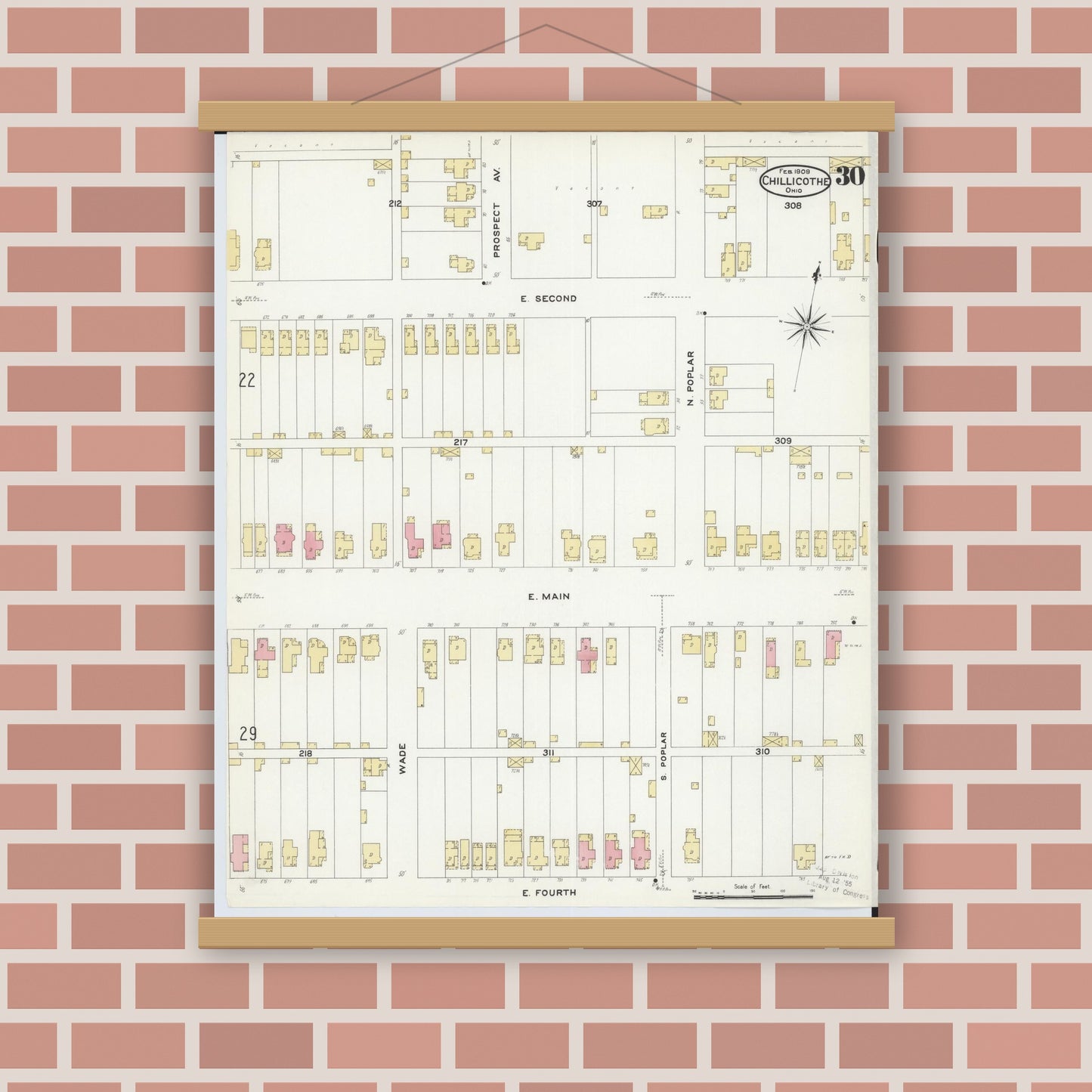 Old map wall art mockup — magnetic wood frame on brick wall — Sanborn Fire Insurance Map from Chillicothe, Ross County, Ohio (1909), Sheet #0030