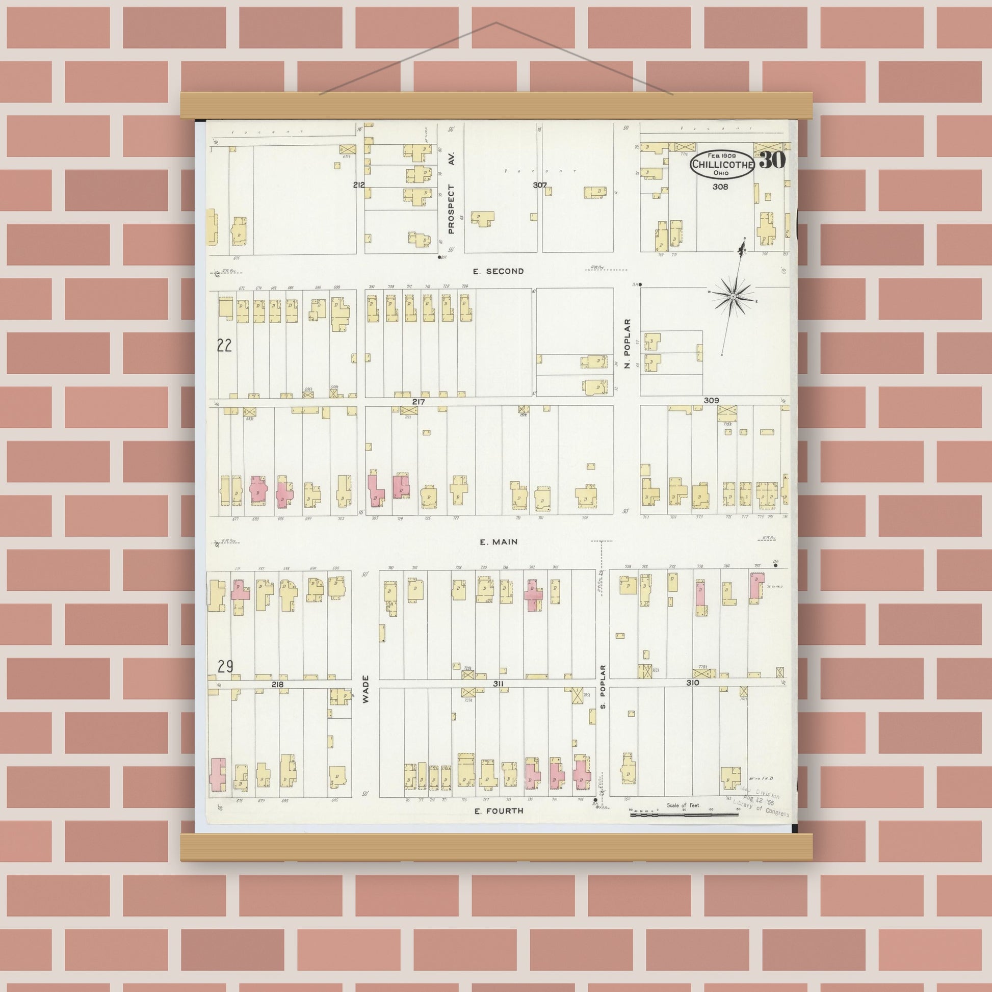 Old map wall art mockup — magnetic wood frame on brick wall — Sanborn Fire Insurance Map from Chillicothe, Ross County, Ohio (1909), Sheet #0030