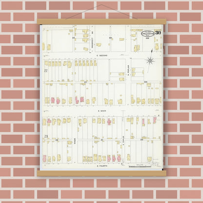 Old map wall art mockup — magnetic wood frame on brick wall — Sanborn Fire Insurance Map from Chillicothe, Ross County, Ohio (1909), Sheet #0030
