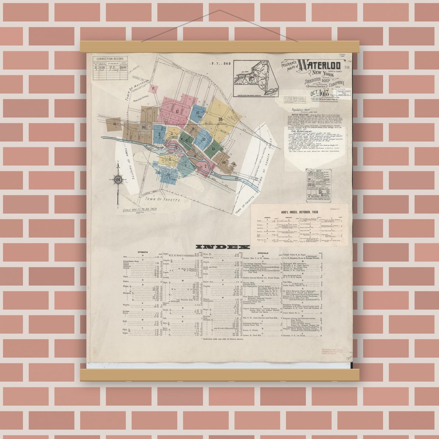 Old map wall art mockup — magnetic wood frame on brick wall — Sanborn Fire Insurance Map from Waterloo, Seneca County, New York (1948) - Complete Map Set