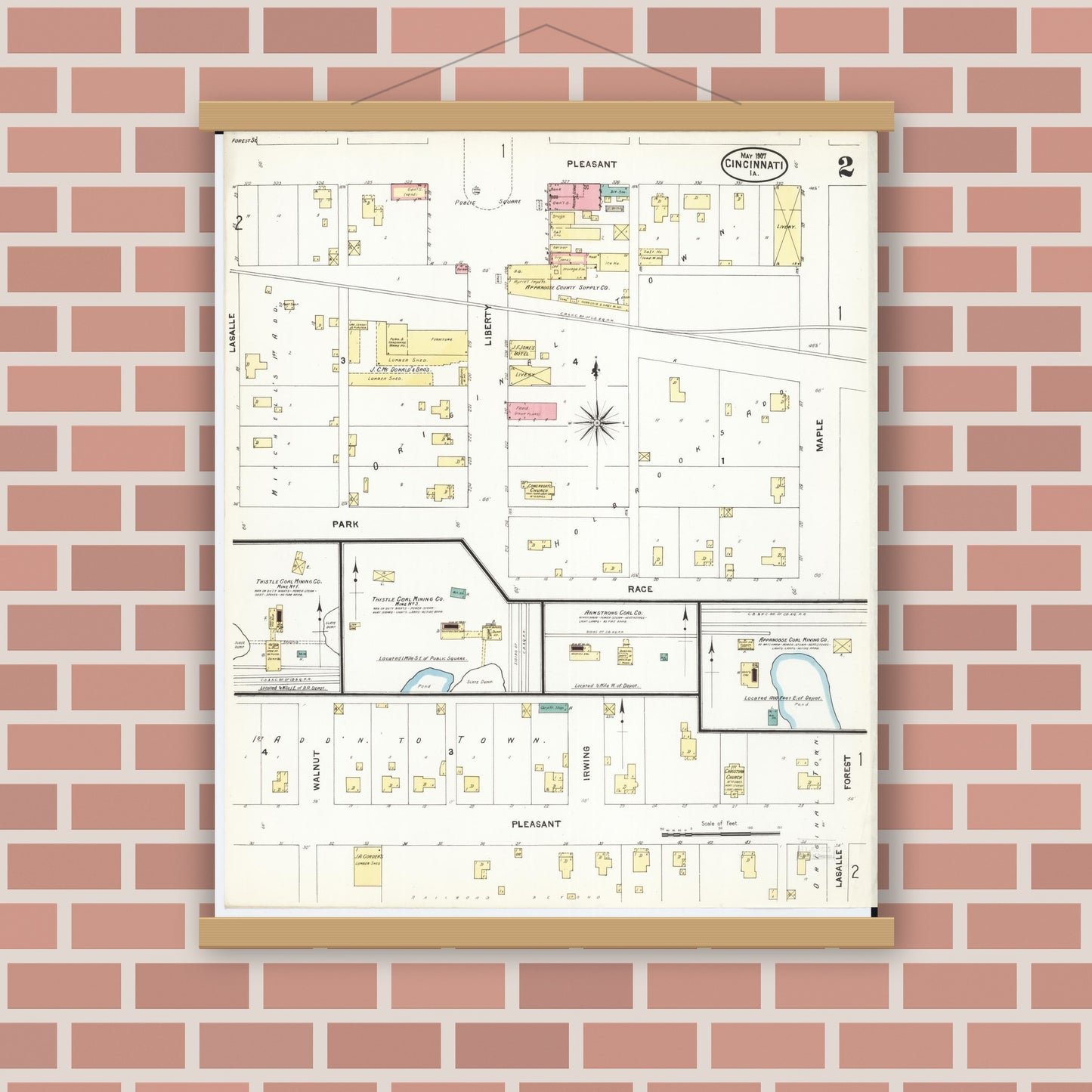 Old map wall art mockup — magnetic wood frame on brick wall — Sanborn Fire Insurance Map from Cincinnati, Appanoose County, Iowa (1907), Sheet #0002