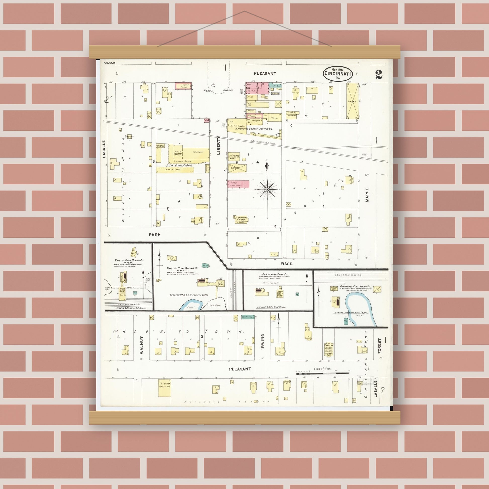 Old map wall art mockup — magnetic wood frame on brick wall — Sanborn Fire Insurance Map from Cincinnati, Appanoose County, Iowa (1907), Sheet #0002