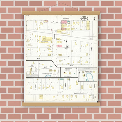 Old map wall art mockup — magnetic wood frame on brick wall — Sanborn Fire Insurance Map from Cincinnati, Appanoose County, Iowa (1907), Sheet #0002