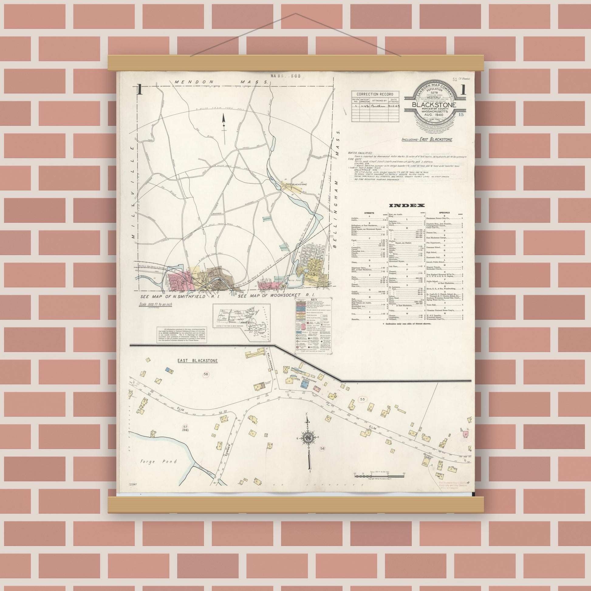 Old map wall art mockup — magnetic wood frame on brick wall — Sanborn Fire Insurance Map from Blackstone, Worcester County, Massachusetts (1948) - Complete Map Set