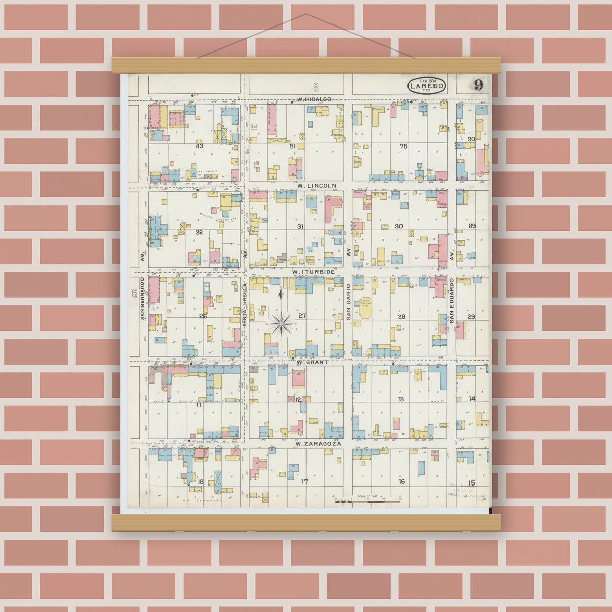 Old map wall art mockup — magnetic wood frame on brick wall — Sanborn Fire Insurance Map from Laredo, Webb County, Texas (1894), Sheet #0009