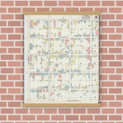 Old map wall art mockup — magnetic wood frame on brick wall — Sanborn Fire Insurance Map from Laredo, Webb County, Texas (1894), Sheet #0009