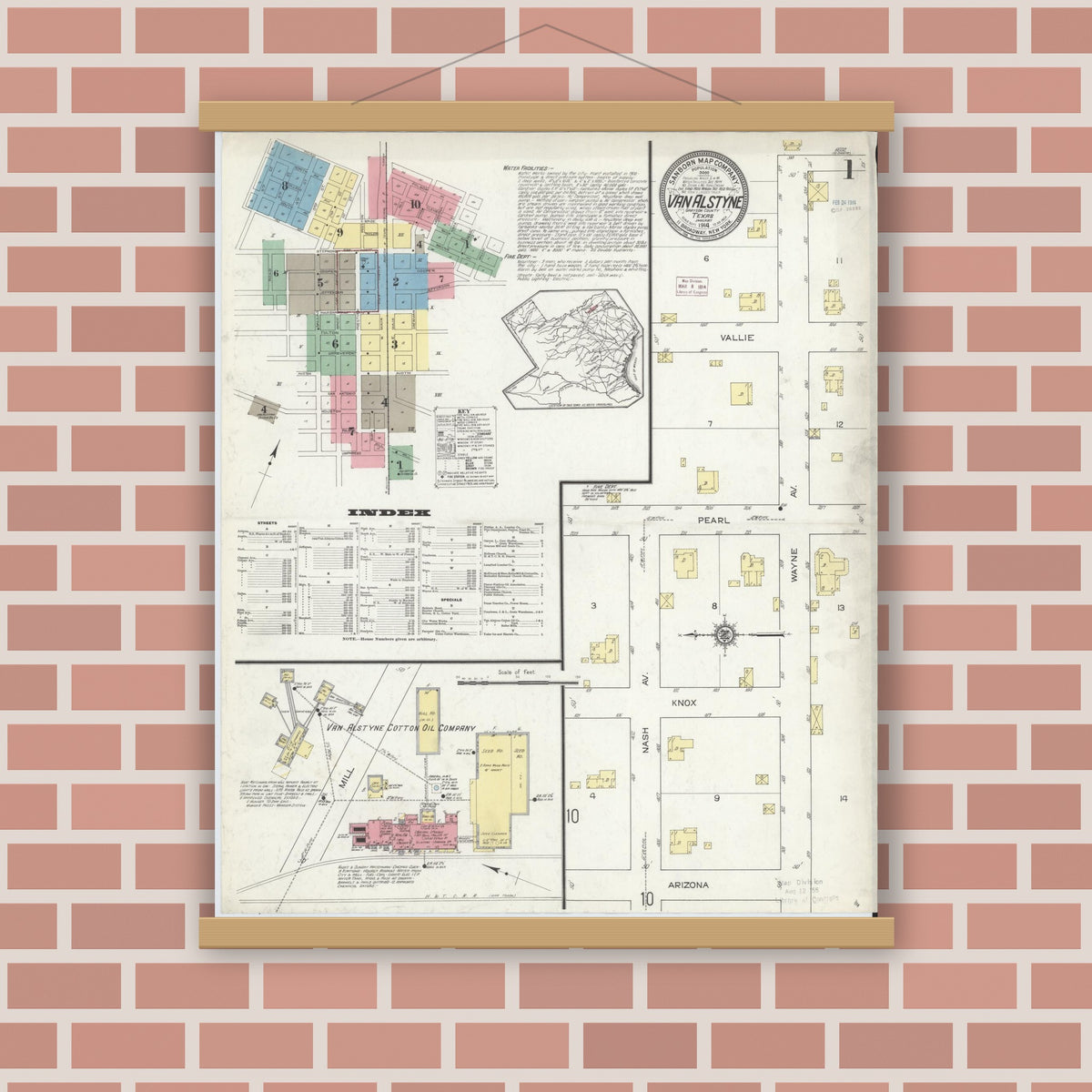 Old map wall art mockup — magnetic wood frame on brick wall — Sanborn Fire Insurance Map from Van Alstyne, Grayson County, Texas (1914) - Complete Map Set