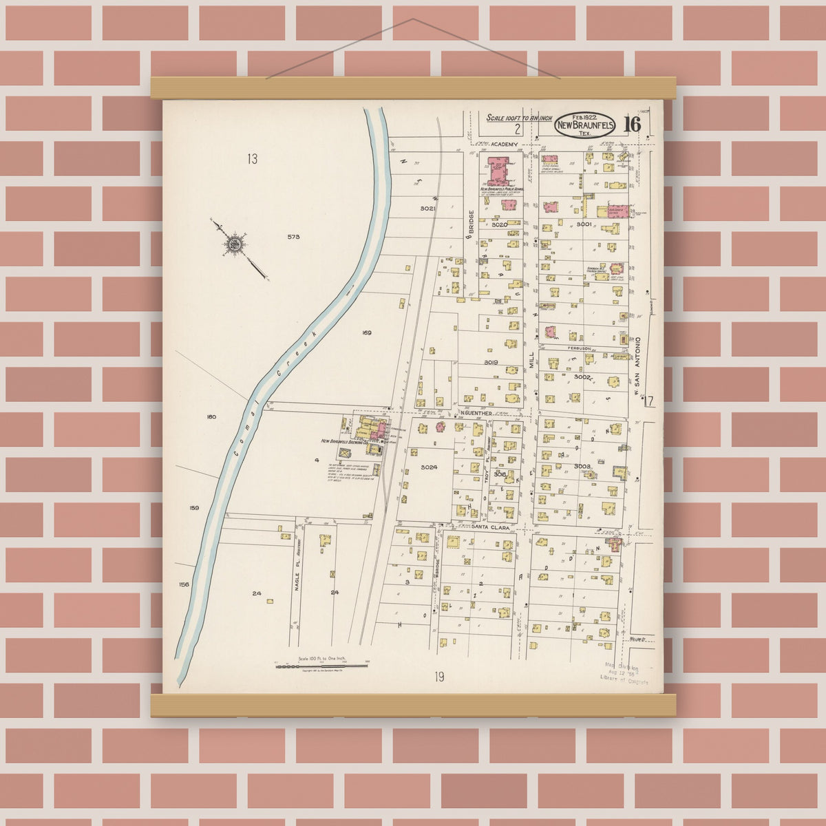 Old map wall art mockup — magnetic wood frame on brick wall — Sanborn Fire Insurance Map from New Braunfels, Comal County, Texas (1922), Sheet #0016