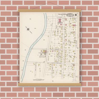 Old map wall art mockup — magnetic wood frame on brick wall — Sanborn Fire Insurance Map from New Braunfels, Comal County, Texas (1922), Sheet #0016