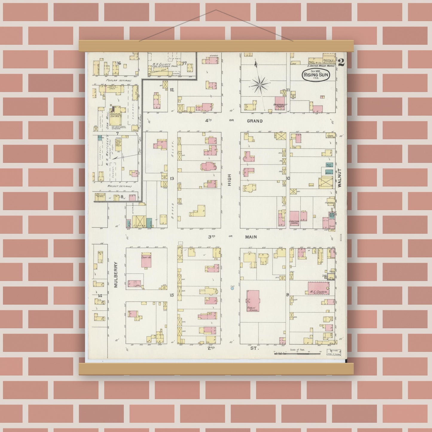 Old map wall art mockup — magnetic wood frame on brick wall — Sanborn Fire Insurance Map from Rising Sun, Ohio County, Indiana (1892), Sheet #0002