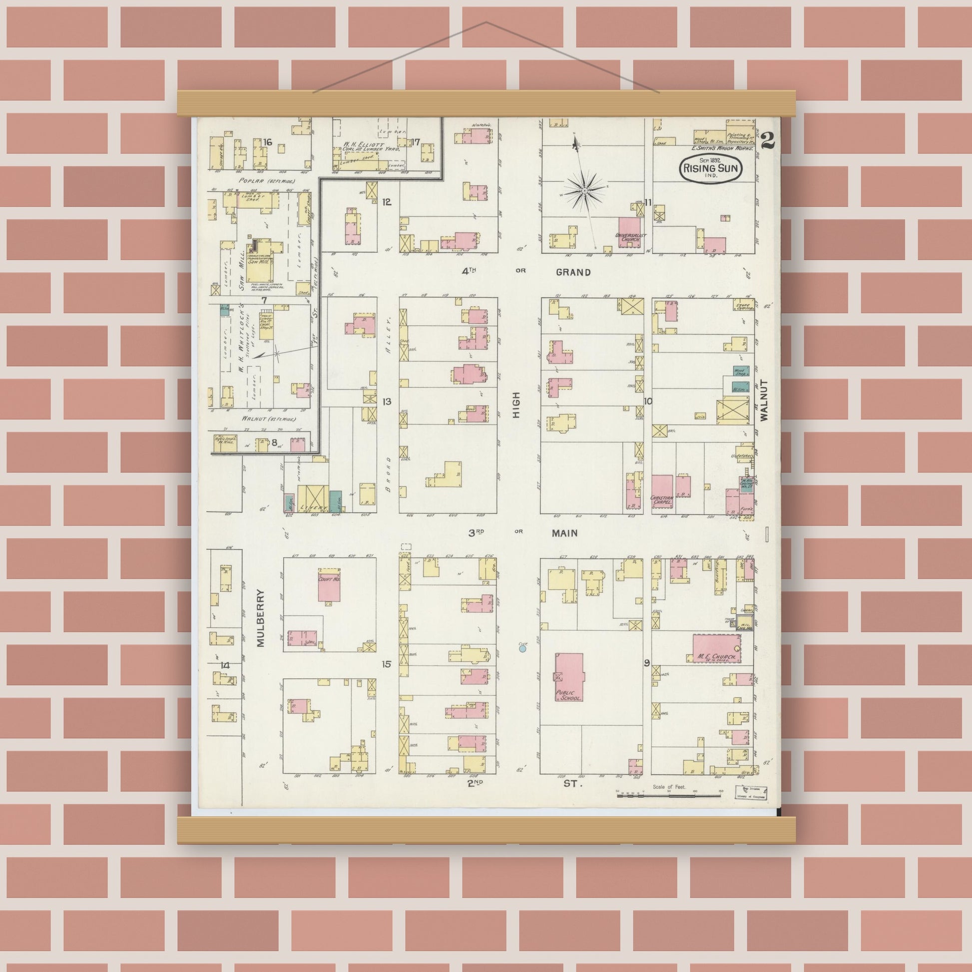 Old map wall art mockup — magnetic wood frame on brick wall — Sanborn Fire Insurance Map from Rising Sun, Ohio County, Indiana (1892), Sheet #0002