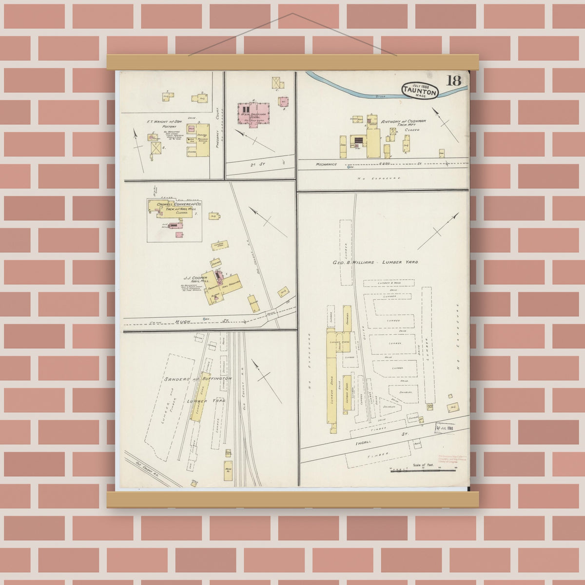 Old map wall art mockup — magnetic wood frame on brick wall — Sanborn Fire Insurance Map from Taunton, Bristol County, Massachusetts (1888), Sheet #0018