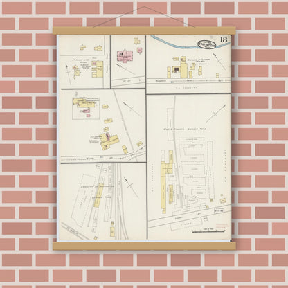 Old map wall art mockup — magnetic wood frame on brick wall — Sanborn Fire Insurance Map from Taunton, Bristol County, Massachusetts (1888), Sheet #0018