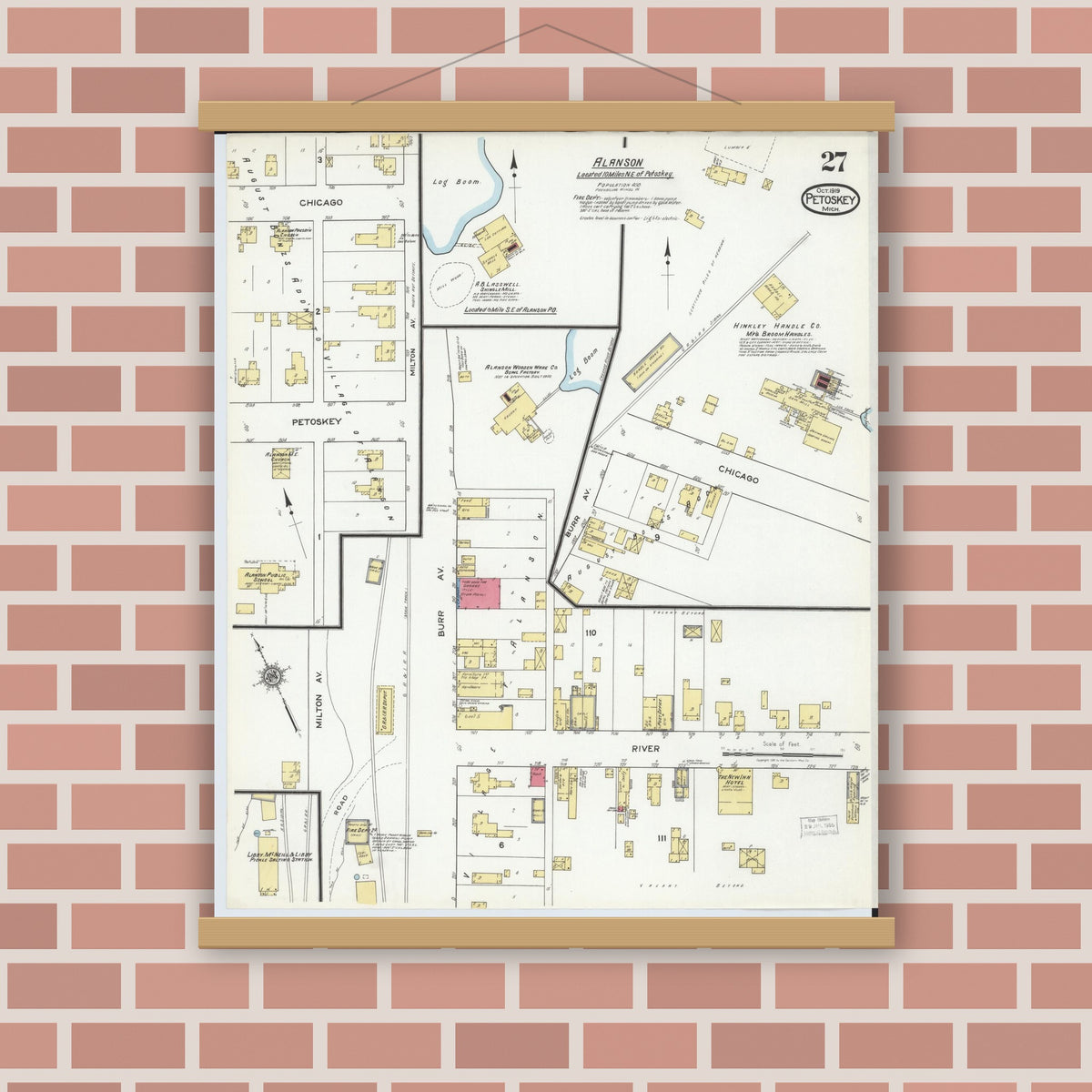 Old map wall art mockup — magnetic wood frame on brick wall — Sanborn Fire Insurance Map from Petoskey, Emmet County, Michigan (1919), Sheet #0027