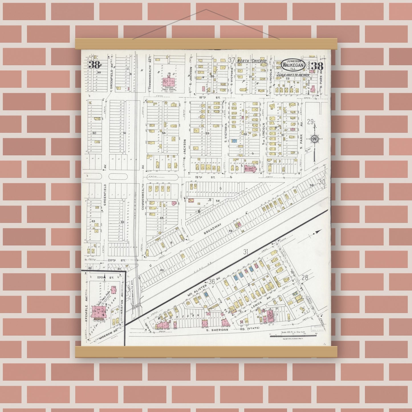 Old map wall art mockup — magnetic wood frame on brick wall — Sanborn Fire Insurance Map from Waukegan, Lake County, Illinois (1924), Sheet #0038