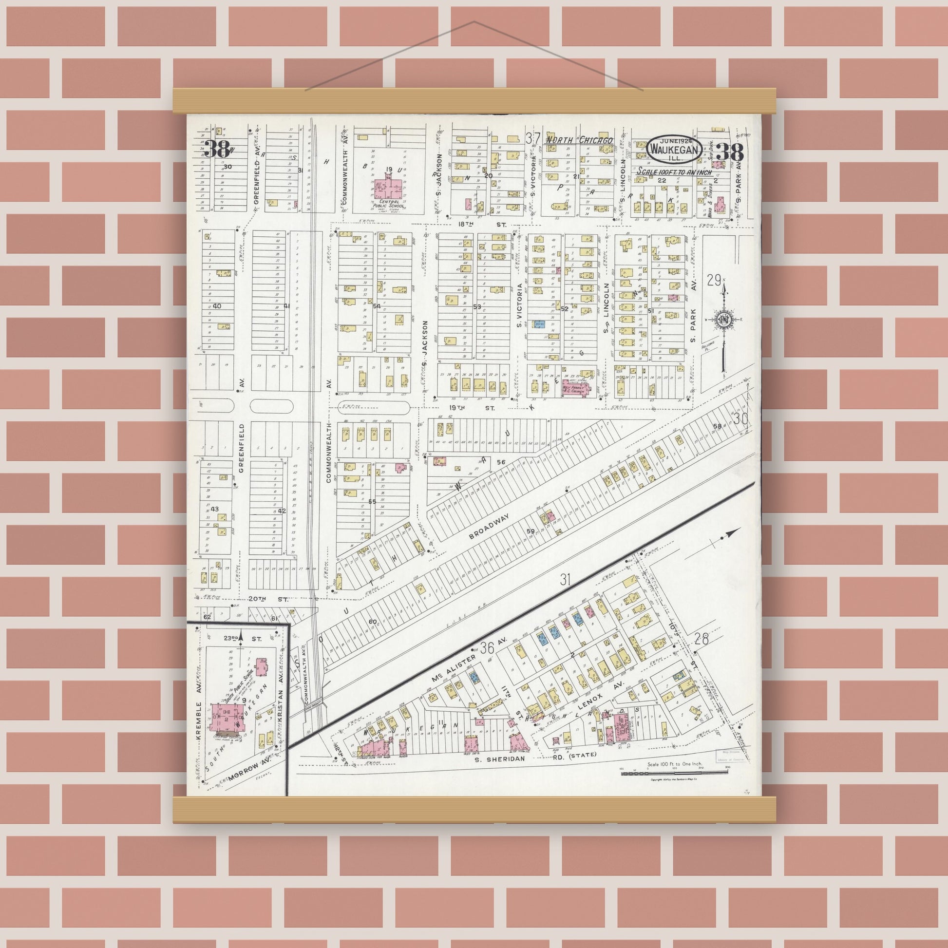 Old map wall art mockup — magnetic wood frame on brick wall — Sanborn Fire Insurance Map from Waukegan, Lake County, Illinois (1924), Sheet #0038