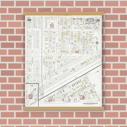 Old map wall art mockup — magnetic wood frame on brick wall — Sanborn Fire Insurance Map from Waukegan, Lake County, Illinois (1924), Sheet #0038