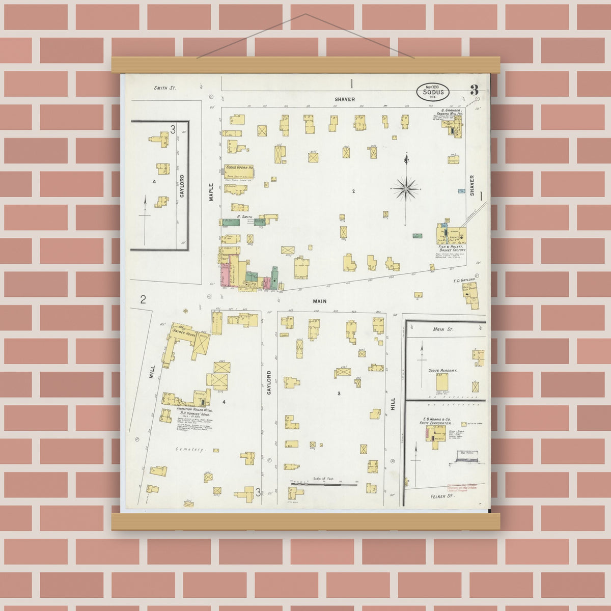 Old map wall art mockup — magnetic wood frame on brick wall — Sanborn Fire Insurance Map from Sodus, Wayne County, New York (1899), Sheet #0003