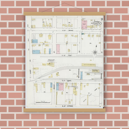 Old map wall art mockup — magnetic wood frame on brick wall — Sanborn Fire Insurance Map from Austin, Travis County, Texas (1889), Sheet #0009