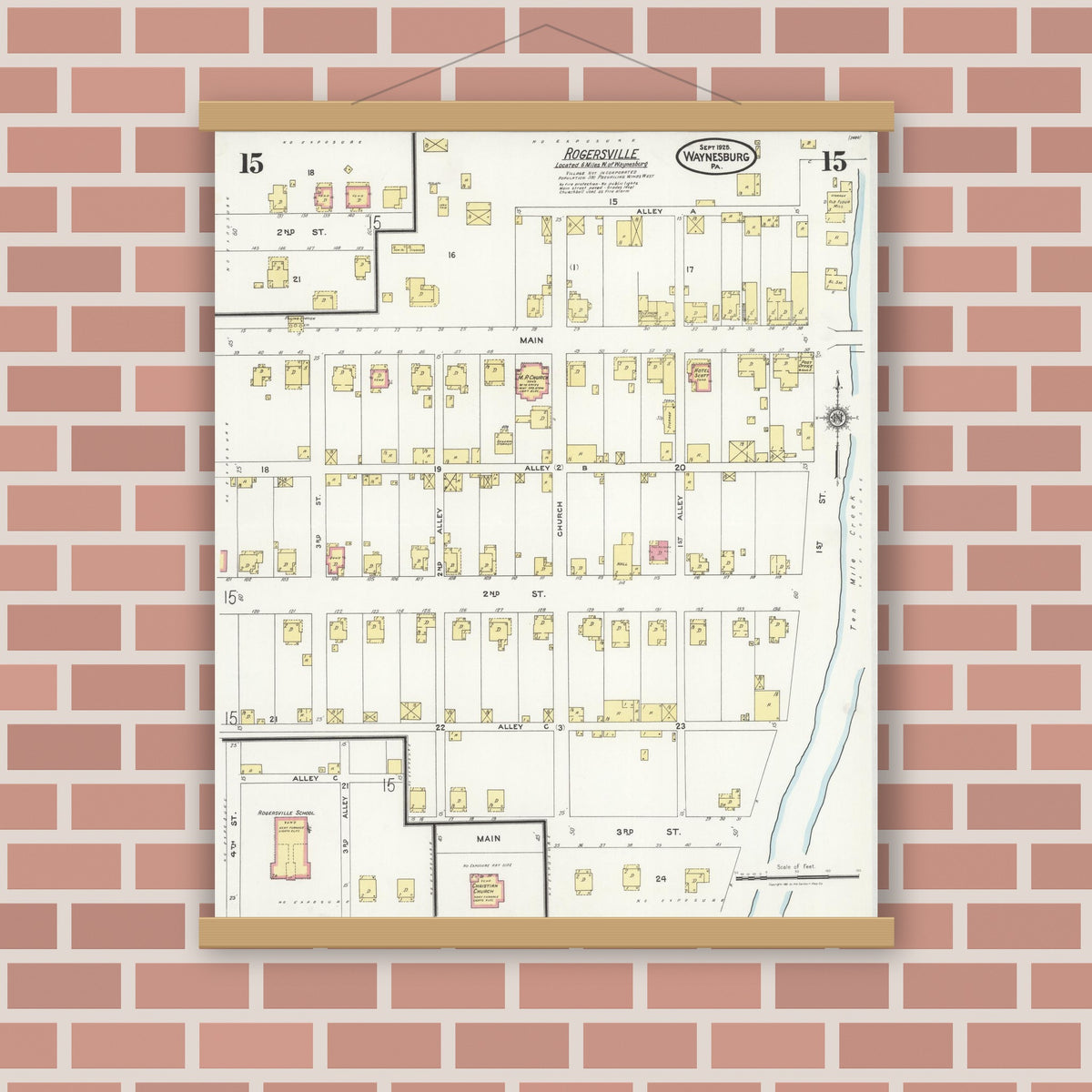 Old map wall art mockup — magnetic wood frame on brick wall — Sanborn Fire Insurance Map from Waynesburg, Greene County, Pennsylvania (1925), Sheet #0015