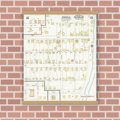 Old map wall art mockup — magnetic wood frame on brick wall — Sanborn Fire Insurance Map from Waynesburg, Greene County, Pennsylvania (1925), Sheet #0015