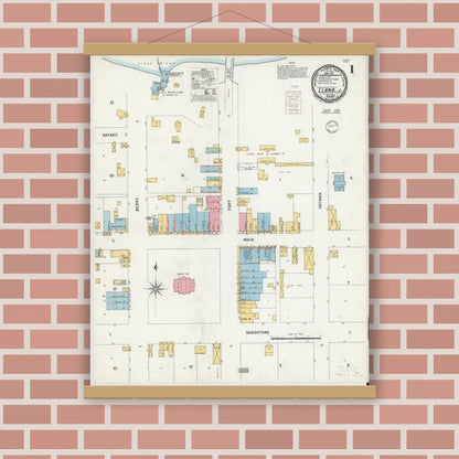 Old map wall art mockup — magnetic wood frame on brick wall — Sanborn Fire Insurance Map from Llano, Llano County, Texas (1900), Sheet #0001