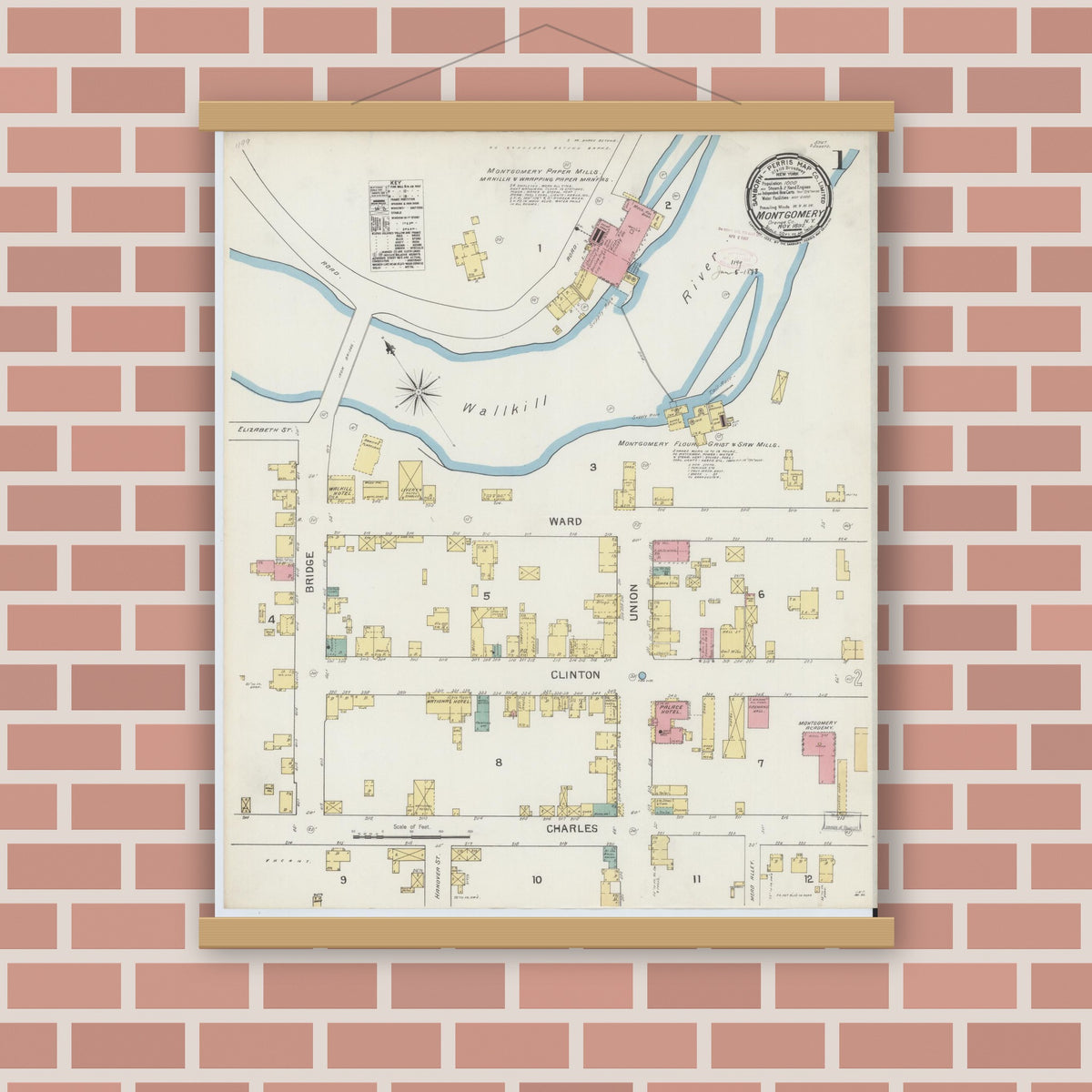 Old map wall art mockup — magnetic wood frame on brick wall — Sanborn Fire Insurance Map from Montgomery, Orange County, New York (1892) - Complete Map Set