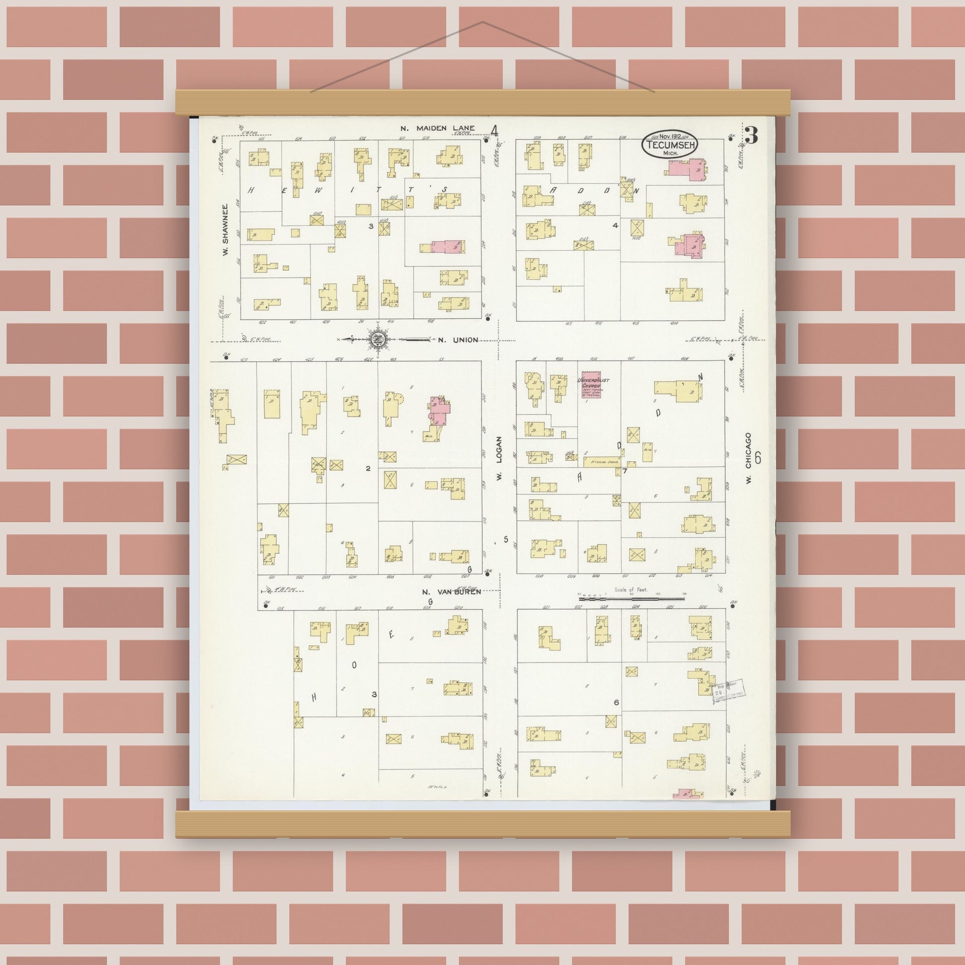 Old map wall art mockup — magnetic wood frame on brick wall — Sanborn Fire Insurance Map from Tecumseh, Lenawee County, Michigan (1912), Sheet #0003