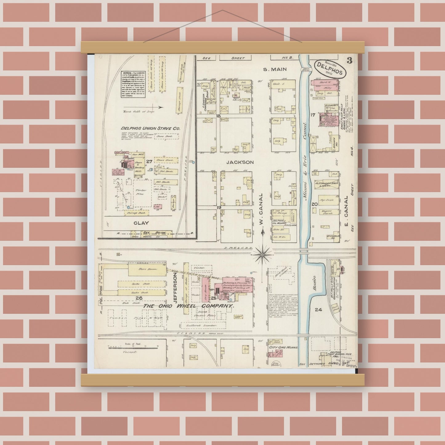Old map wall art mockup — magnetic wood frame on brick wall — Sanborn Fire Insurance Map from Delphos, Van Wert And Allen Counties, Ohio (1884), Sheet #0003