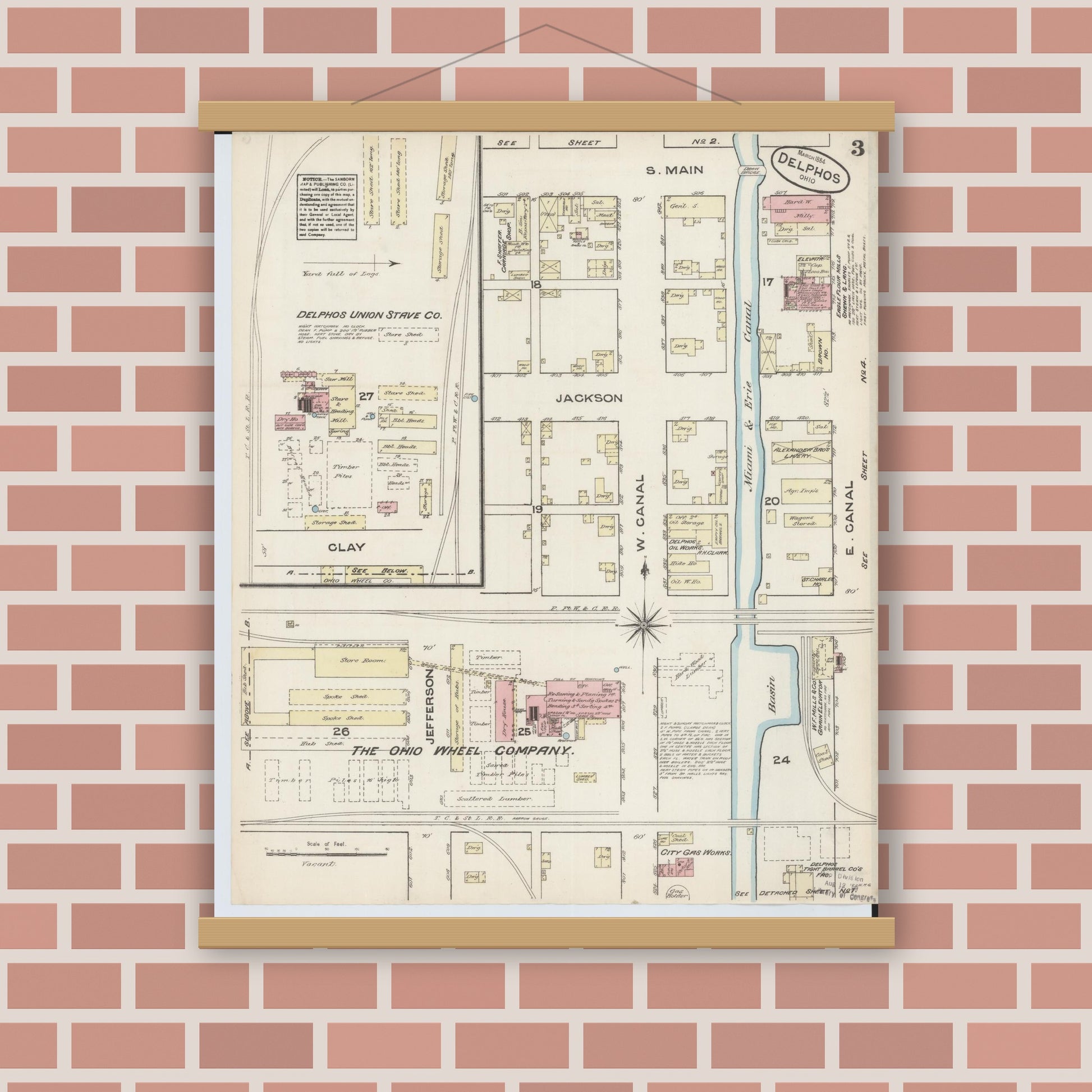 Old map wall art mockup — magnetic wood frame on brick wall — Sanborn Fire Insurance Map from Delphos, Van Wert And Allen Counties, Ohio (1884), Sheet #0003