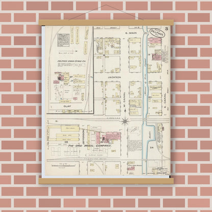 Old map wall art mockup — magnetic wood frame on brick wall — Sanborn Fire Insurance Map from Delphos, Van Wert And Allen Counties, Ohio (1884), Sheet #0003