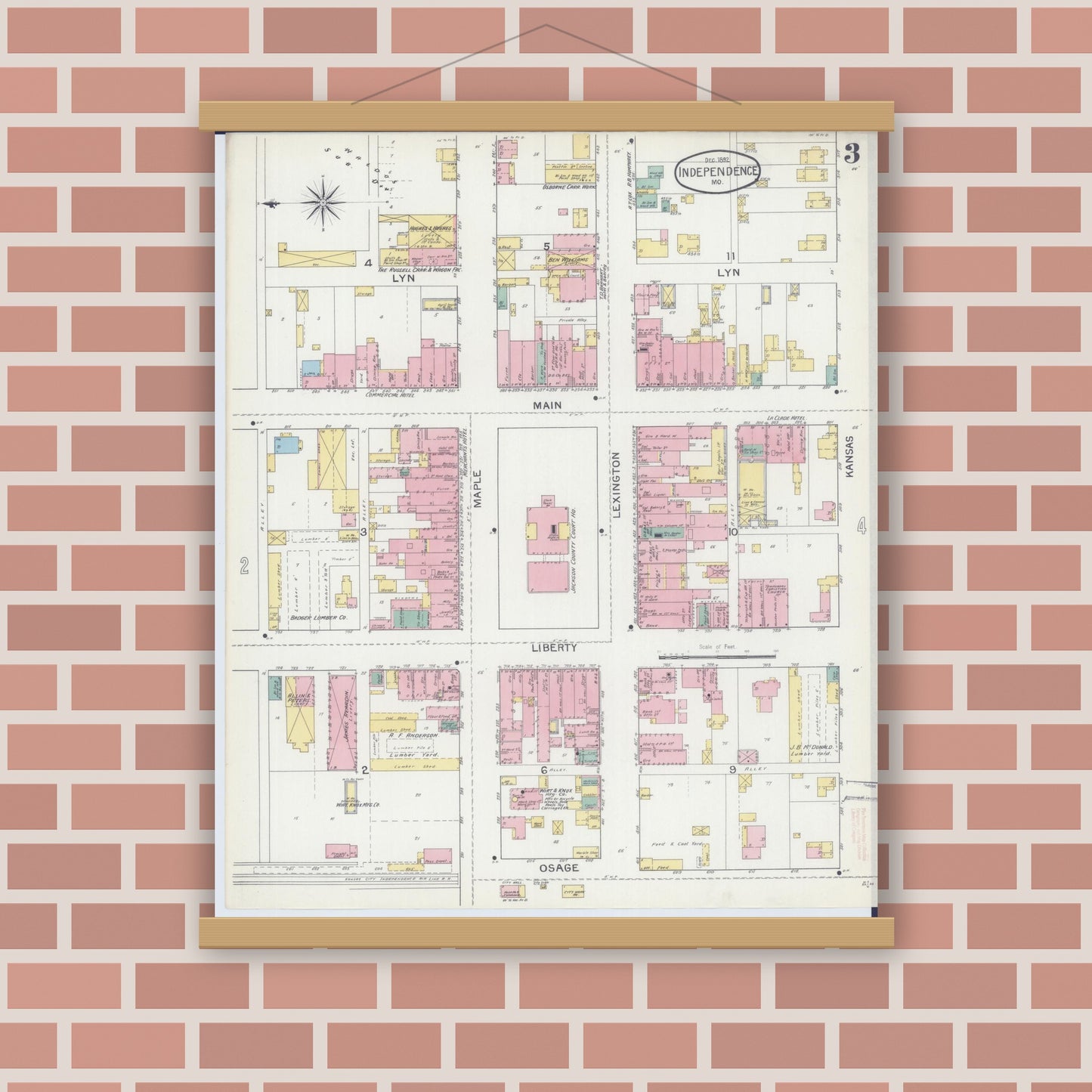 Old map wall art mockup — magnetic wood frame on brick wall — Sanborn Fire Insurance Map from Independence, Jackson County, Missouri (1892), Sheet #0003
