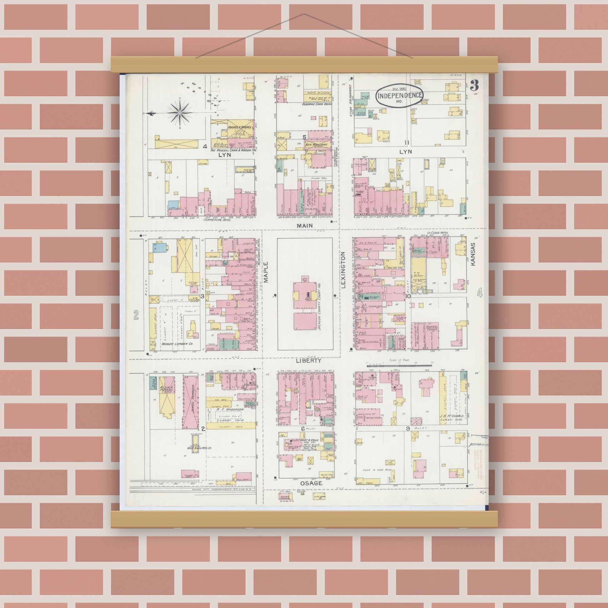 Old map wall art mockup — magnetic wood frame on brick wall — Sanborn Fire Insurance Map from Independence, Jackson County, Missouri (1892), Sheet #0003