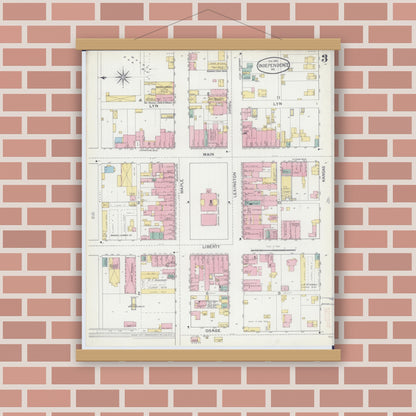 Old map wall art mockup — magnetic wood frame on brick wall — Sanborn Fire Insurance Map from Independence, Jackson County, Missouri (1892), Sheet #0003