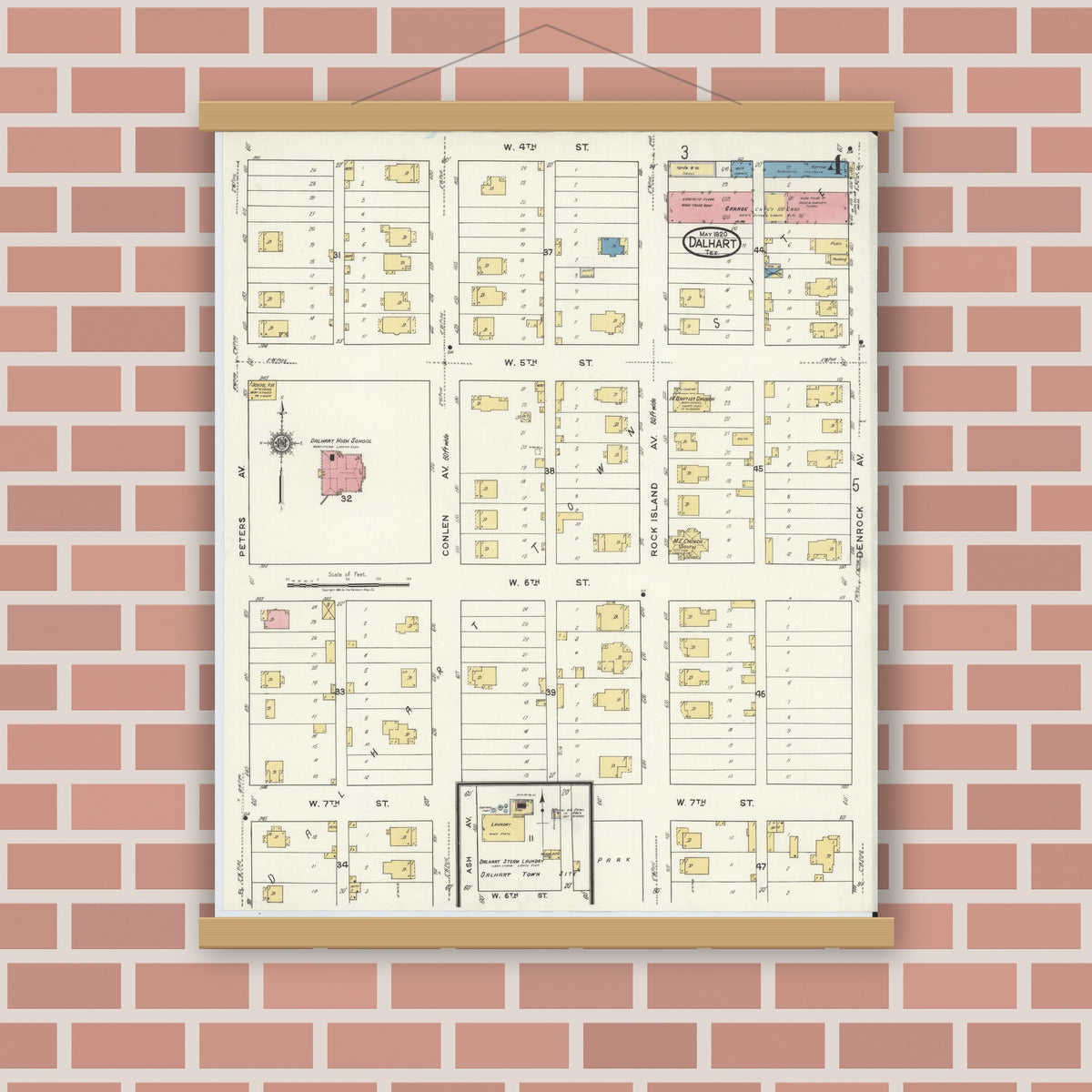 Old map wall art mockup — magnetic wood frame on brick wall — Sanborn Fire Insurance Map from Dalhart, Dallam And Hartley County, Texas (1920), Sheet #0004