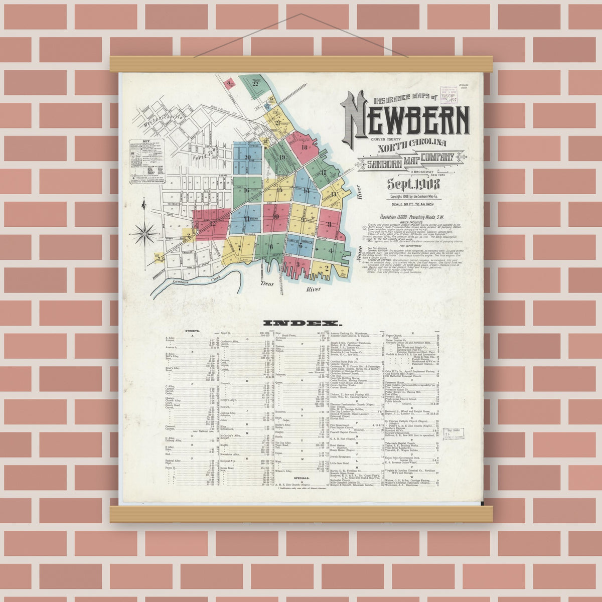 Old map wall art mockup — magnetic wood frame on brick wall — Sanborn Fire Insurance Map from New Bern, Craven County, North Carolina (1908) - Complete Map Set