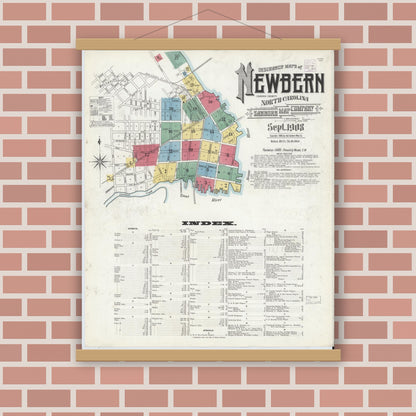 Old map wall art mockup — magnetic wood frame on brick wall — Sanborn Fire Insurance Map from New Bern, Craven County, North Carolina (1908) - Complete Map Set