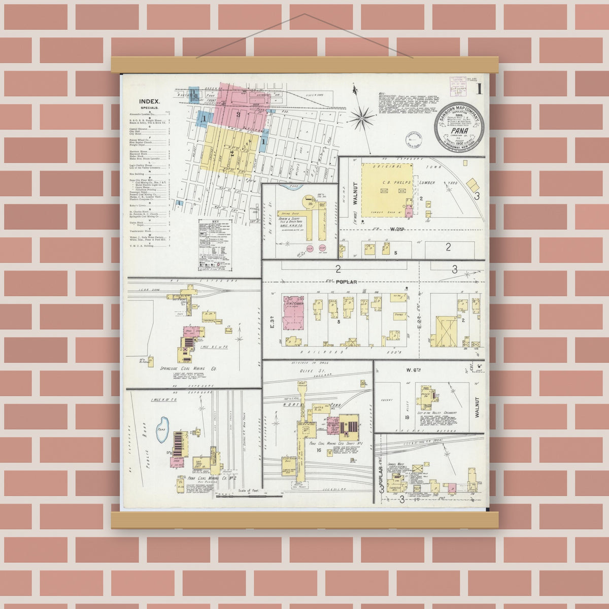 Old map wall art mockup — magnetic wood frame on brick wall — Sanborn Fire Insurance Map from Pana, Christian County, Illinois (1902), Sheet #0001