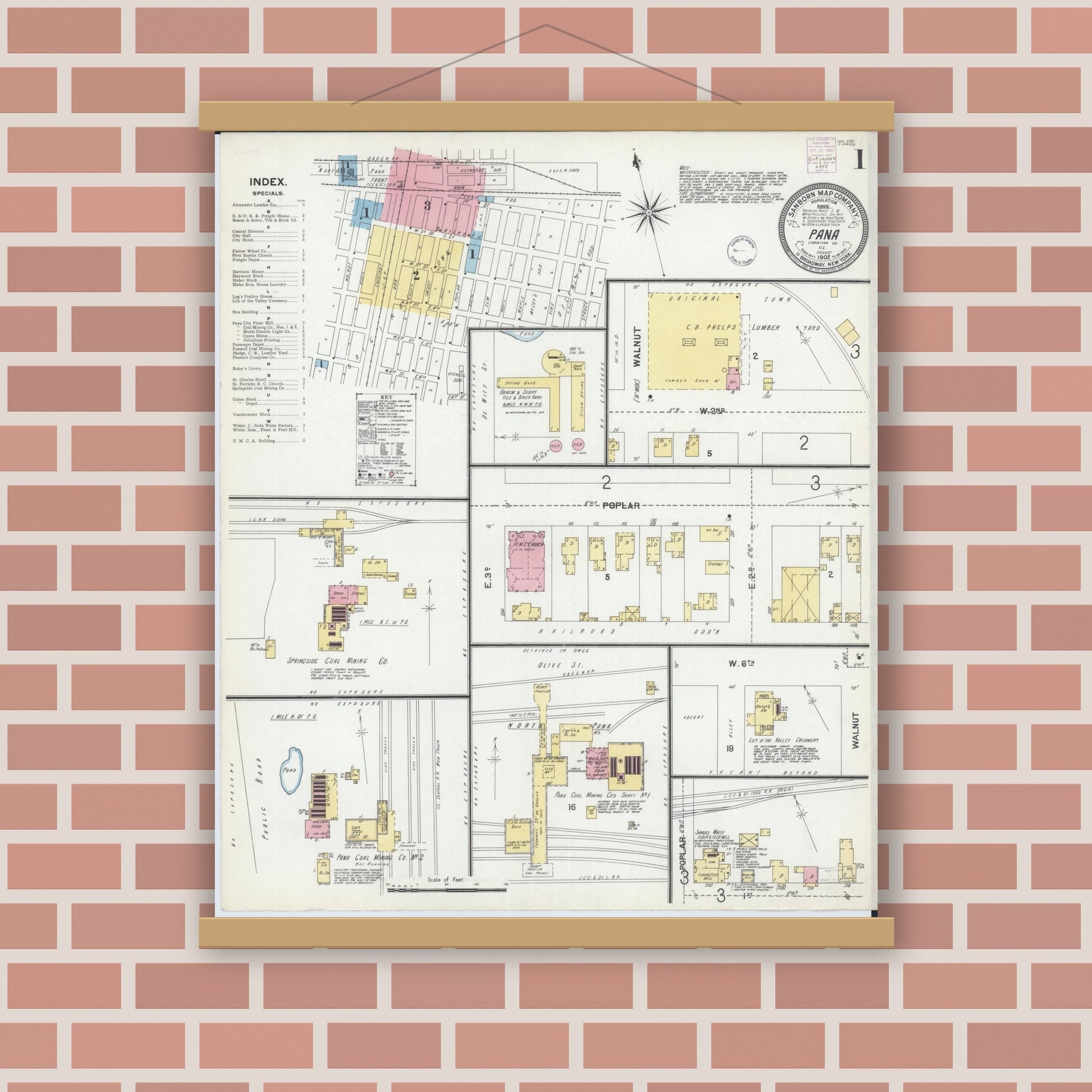 Old map wall art mockup — magnetic wood frame on brick wall — Sanborn Fire Insurance Map from Pana, Christian County, Illinois (1902), Sheet #0001