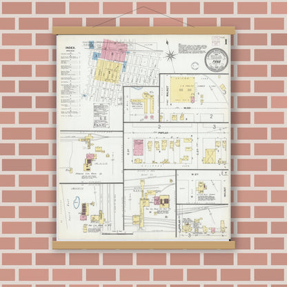 Old map wall art mockup — magnetic wood frame on brick wall — Sanborn Fire Insurance Map from Pana, Christian County, Illinois (1902), Sheet #0001