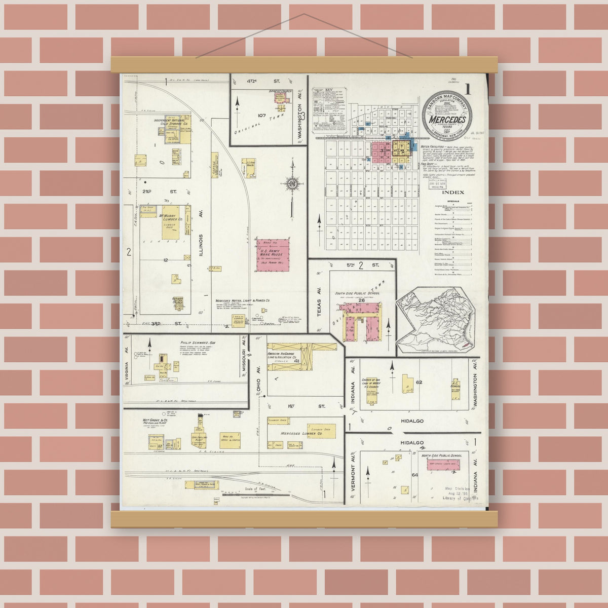 Old map wall art mockup — magnetic wood frame on brick wall — Sanborn Fire Insurance Map from Mercedes, Hidalgo County, Texas (1917) - Complete Map Set