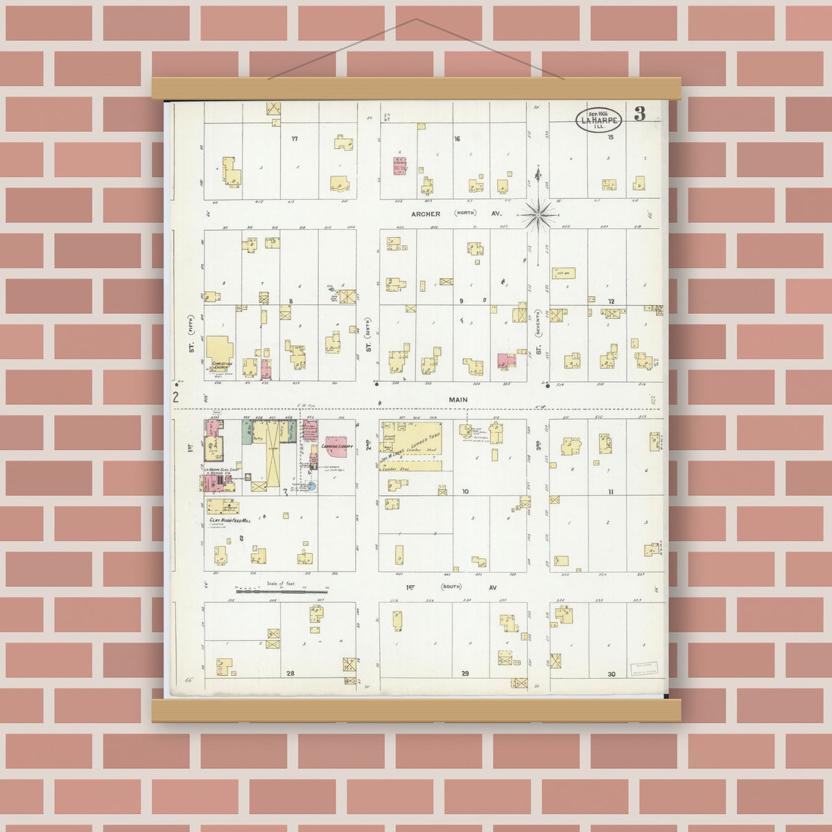 Old map wall art mockup — magnetic wood frame on brick wall — Sanborn Fire Insurance Map from La Harpe, Hancock County, Illinois (1906), Sheet #0003