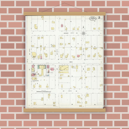 Old map wall art mockup — magnetic wood frame on brick wall — Sanborn Fire Insurance Map from La Harpe, Hancock County, Illinois (1906), Sheet #0003