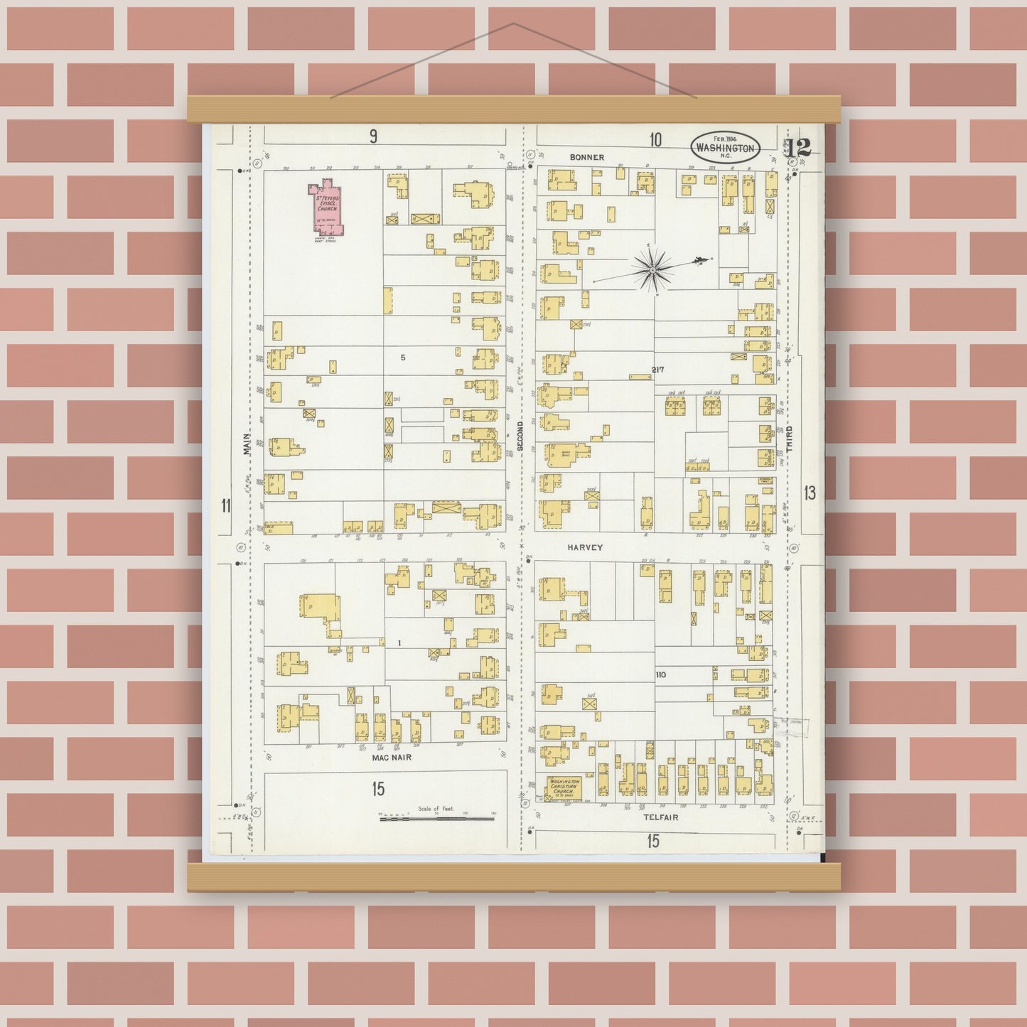 Old map wall art mockup — magnetic wood frame on brick wall — Sanborn Fire Insurance Map from Washington, Beaufort County, North Carolina (1904), Sheet #0012