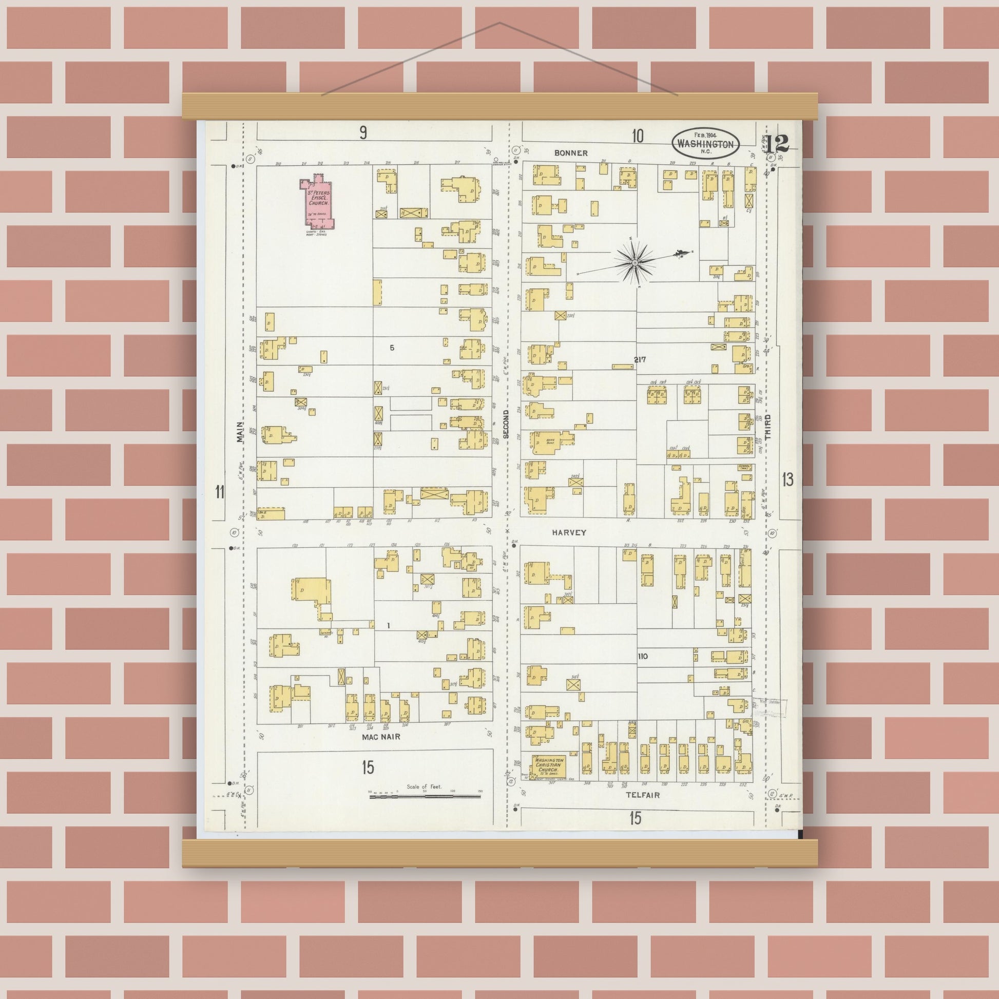 Old map wall art mockup — magnetic wood frame on brick wall — Sanborn Fire Insurance Map from Washington, Beaufort County, North Carolina (1904), Sheet #0012