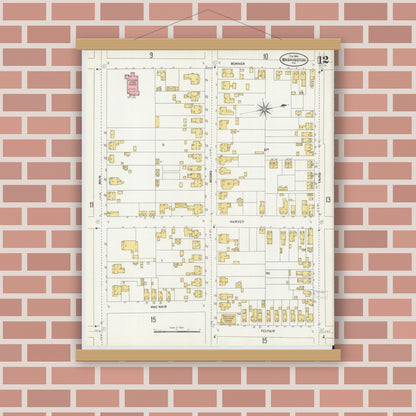 Old map wall art mockup — magnetic wood frame on brick wall — Sanborn Fire Insurance Map from Washington, Beaufort County, North Carolina (1904), Sheet #0012