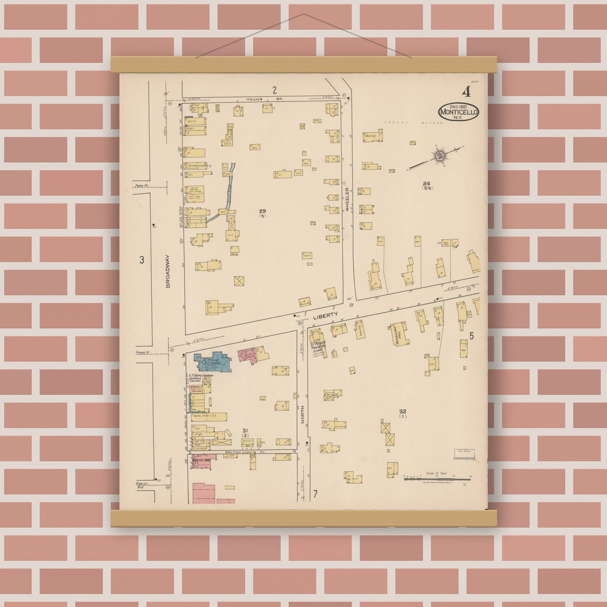 Old map wall art mockup — magnetic wood frame on brick wall — Sanborn Fire Insurance Map from Monticello, Sullivan County, New York (1921), Sheet #0004